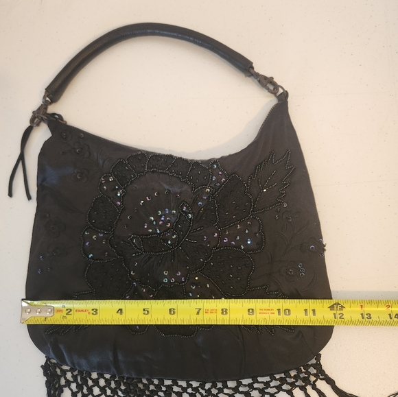Y2K Vintage Black Beaded Fringe Sequin Evening Bag Mini Purse Party Flapper - Picture 8 of 11